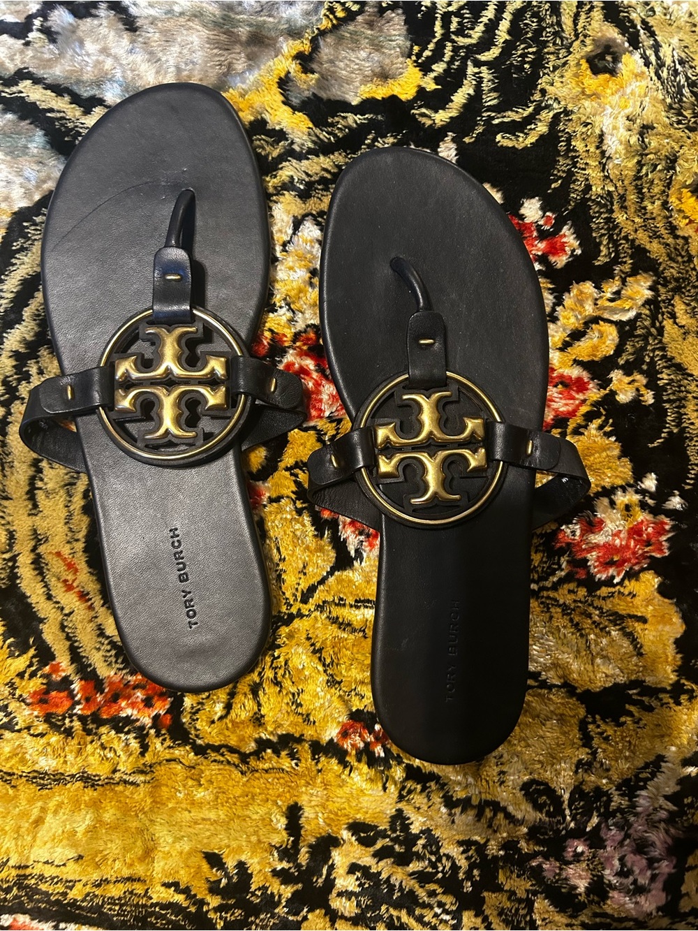 Miller Tory Burch Black Leather Sandals with Gold Logo Medallion